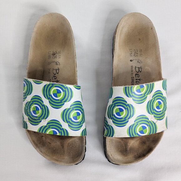 Birkenstock Betula White Green Blue All Over Pattern Slip On Cork Sandals - Picture 2 of 7